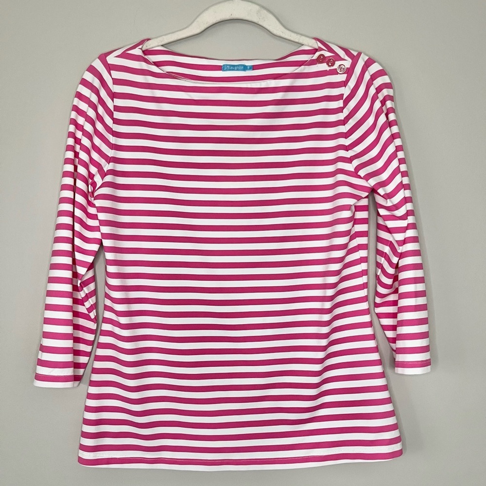 J. McLaughlin Wavesong Top White/Pink Bangle Stripe 3/4 Sleeve Size Small